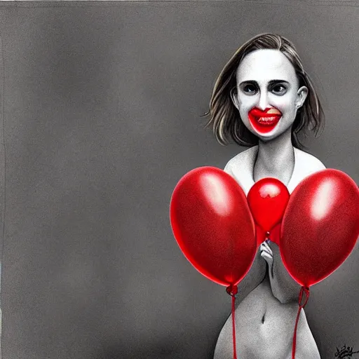 Image similar to surrealism grunge cartoon portrait sketch of natalie portman with a wide smile and a red balloon by - michael karcz, loony toons style, homer simpson style style, horror theme, detailed, elegant, intricate