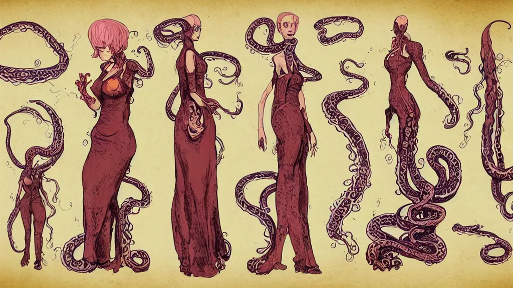 Prompt: aged paper, concept art, colorful character sheet for a stocky alien extraterrestrial female servant maid with thick snake - like tentacles instead of hair, long dress with apron, retrofuture, valerian, moebius, coherent, illustration, digital art, trending on artstation, hd, 8 k, good lighting, beautiful, rough paper, masterpiece