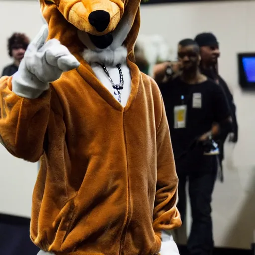 Image similar to snoop dog wearing a fox fursuit without the mask at a furry convention, indoor convention vendors