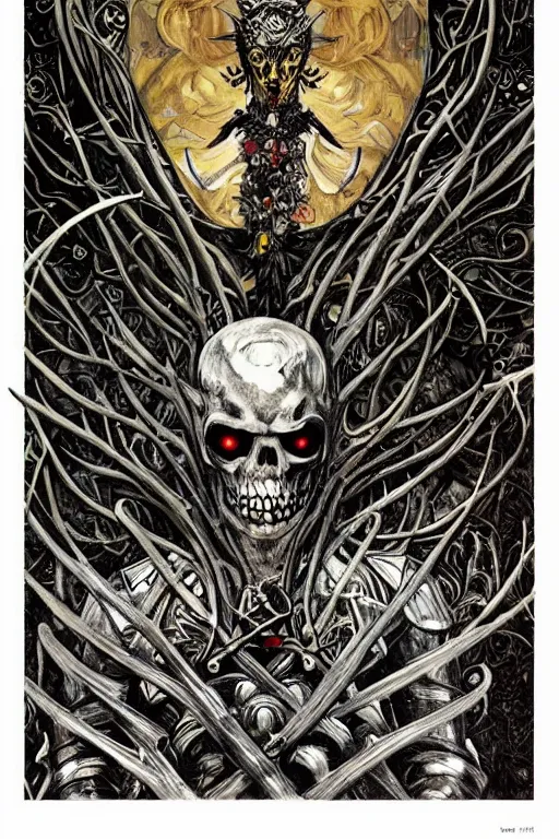 Image similar to The Knight of Bones by Karol Bak, Jean Deville, Gustav Klimt, and Vincent Van Gogh, portrait of a handsome vampire knight in armor, piercing grey eyes, ornate armor covered in thorns, nightmare warrior, bat wings, ornate dramatic bat wing helmet, mystic eye, otherworldly, skulls, fractal structures, arcane, inscribed runes, infernal relics, ornate gilded medieval icon, third eye, spirals