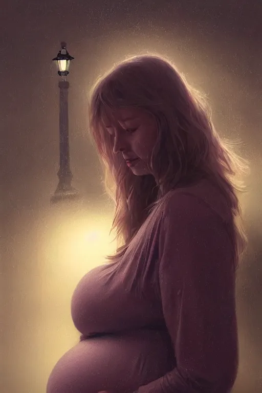 Image similar to pregnant woman under street light, highly detailed, sharp focused, ultra realistic digital concept art by Stanley Artgerm, Alyssa Monks, Ruan Jia