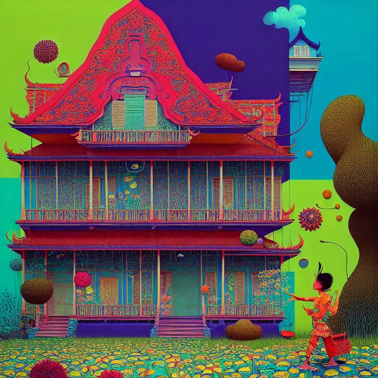 Image similar to surreal glimpse into other universe, peranakan house, summer morning, very coherent and colorful high contrast, art by!!!! gediminas pranckevicius!!!!, geof darrow, floralpunk screen printing woodblock, dark shadows, hard lighting, stipple brush technique,