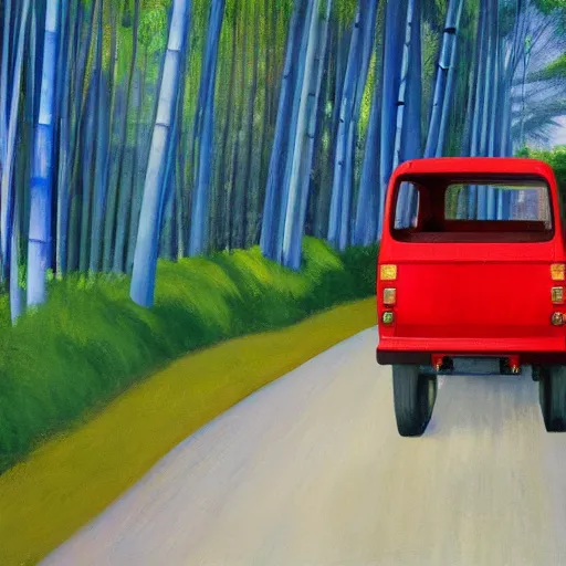 Image similar to a red daihatsu delta truck parked in the apex of a curve with the road surrounded by a canopy of bamboo trees, the shadows of the leaves are proyected onto the road painting by edward hopper