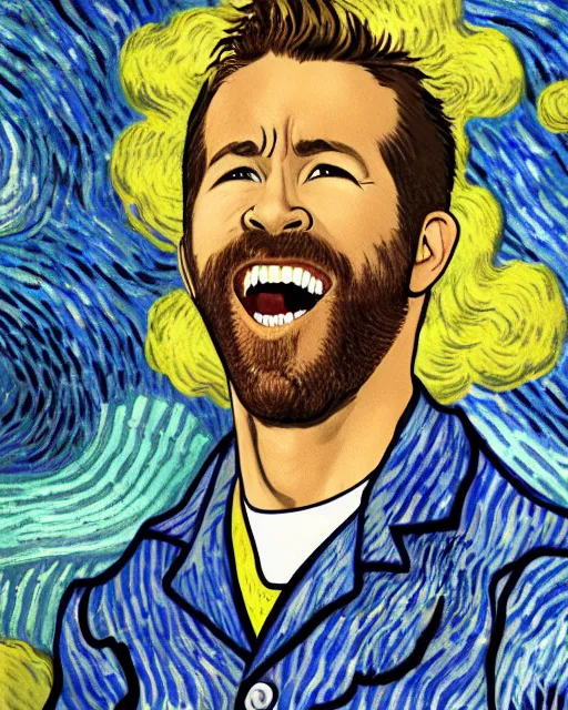 Image similar to ryan reynolds laughing maniacally by vincent van gogh