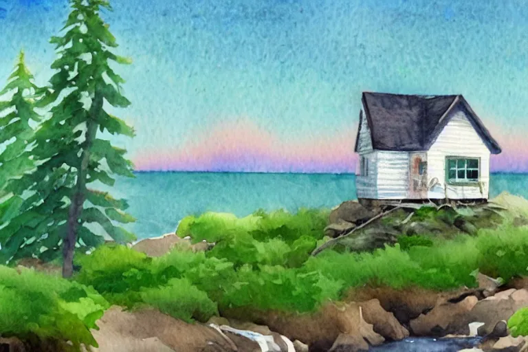 Image similar to a watercolor painting animation background of a seaside cottage in Oregon, moss and pines