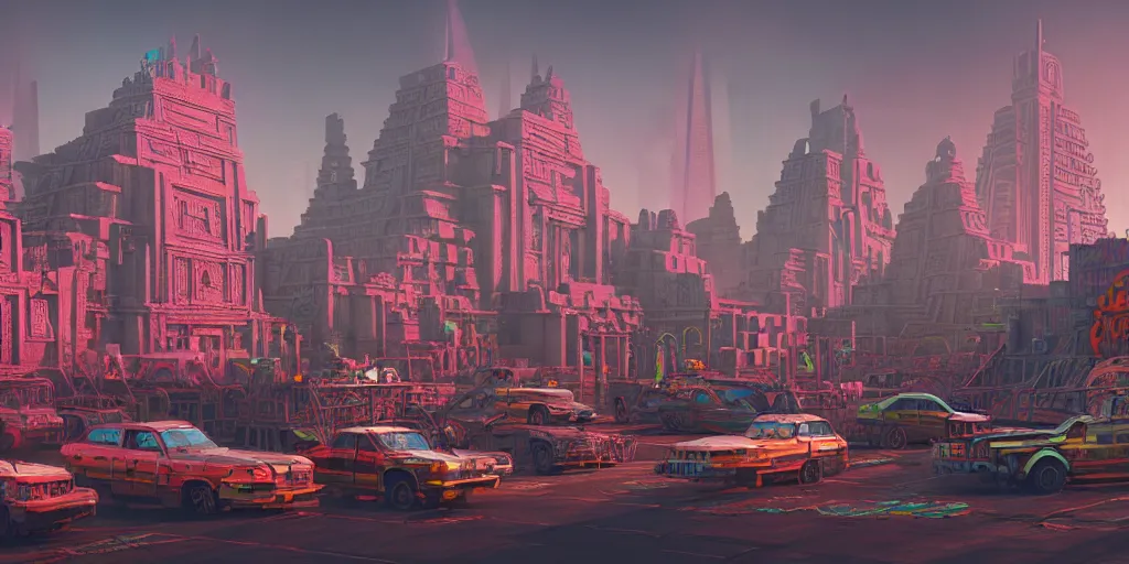 Image similar to hyperrealistic matte painting of aztec temples in a future environment with flying cars, mechanical features and neon, graffiti, scaffolding, smog, destruction by filip hodas, beeple, 4 k, trending on cgsociety