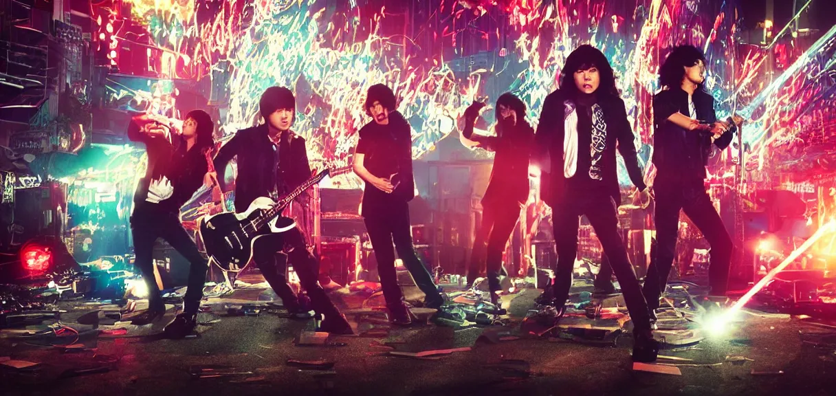 Image similar to The wide shot of disco punk rock Asian band with very long curly dark hair playing on guitars while Godzilla destructs the city and aliens steal their women, top soft box light, night city on the background, flying saucer in the sky, by Lubezki and David Lynch, anamorphic 35 mm lens, cinematic, anamorphic lens flares 4k