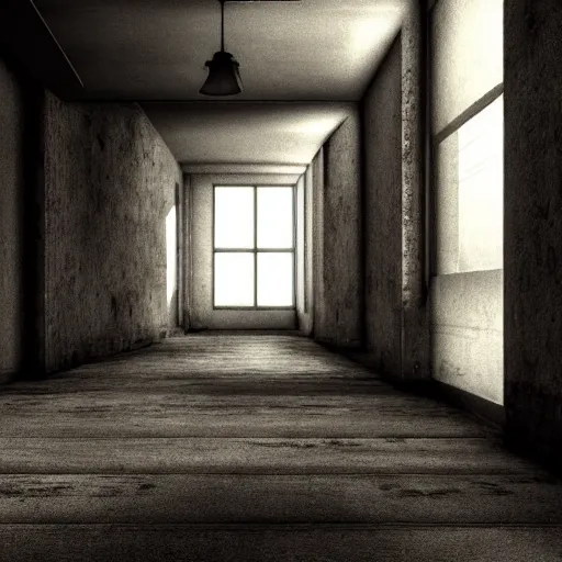 Image similar to gritty, cinematic, liminal space, 3d render, photorealism
