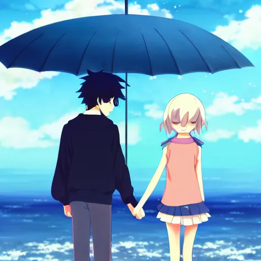 Image similar to anime girl and boy walking together on the Beach, Rain, umbrella, by makoto shinkai, Studio Ghibli, anime wallpaper, illustration, 4k Wallpaper, flat colors, trending on artstation, cgsociety