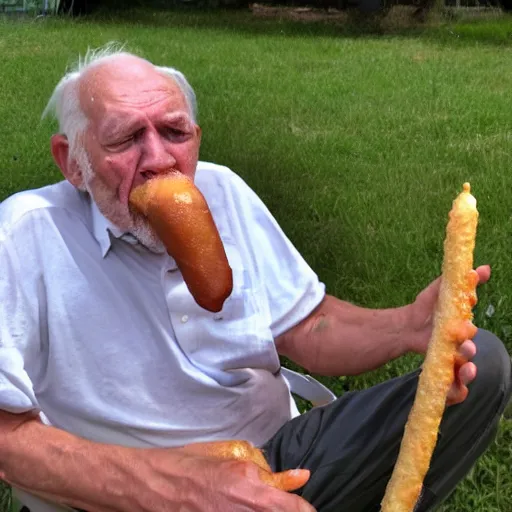 Image similar to old man struggling to eat a long corndog