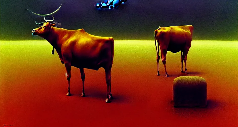 Image similar to Cow sitting in lotus position by Zdzisław Beksiński, technology and magic, intricate, highly detailed, digital painting, lightbright, sharp focus