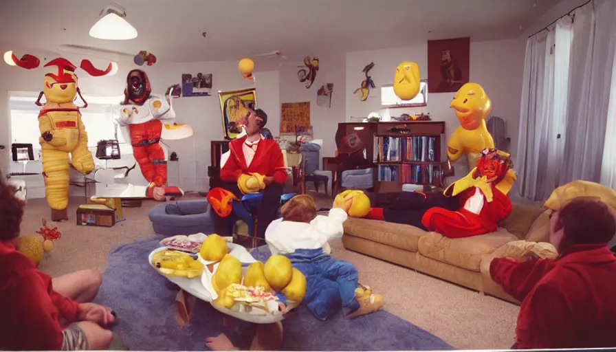 Image similar to 1990s candid 35mm photo of a beautiful day in the living room, cinematic lighting, cinematic look, golden hour, large costumed mascot business fruit people giving spaceship presentations to families, Enormous personified business fruit people with outstandingly happy faces coming out of a portal and talking to families about space and planets, UHD