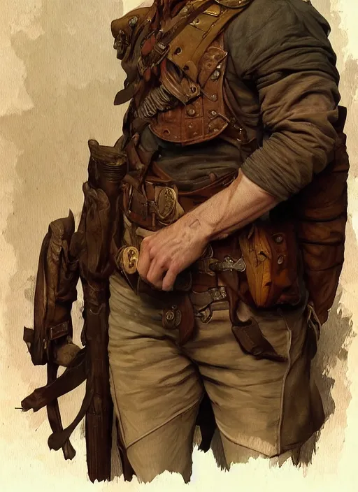 Image similar to portrait of a rugged ranger, muscular, upper body, hairy torso, D&D, fantasy, intricate, elegant, highly detailed, digital painting, artstation, concept art, smooth, sharp focus, illustration, art by alphonse mucha