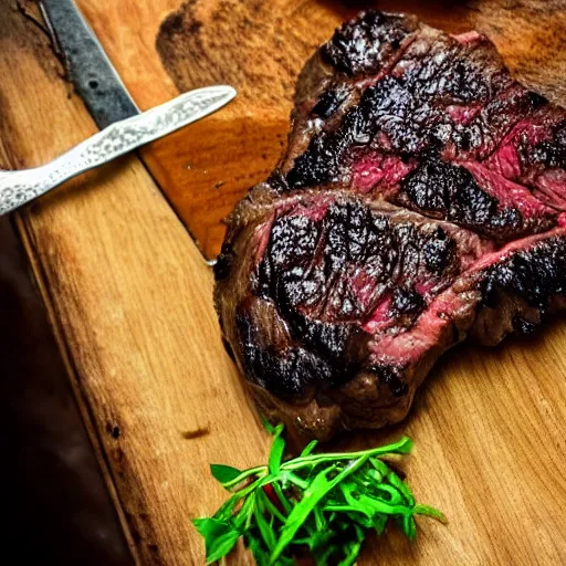 Prompt: high resolution photo of rib eye steak, michelin star, very tasty, food photography, instagram!!, trending