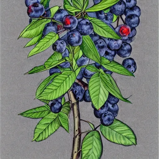 Image similar to botanical drawing of blueberry bush. Traditional art. Rustic. Nordic. Trending on artstation. Detailed. Shrub. Nature. Artistic.