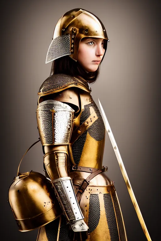 Prompt: female medieval knight, brown hair, by louis vuitton, gold and luxury materials, symmetrical, cinematic, elegant, professional studio light, real dlsr photography, sharp focus, 4 k, ultra hd, sense of awe, high fashion