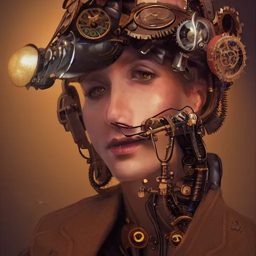 Image similar to portrait of a steampunk robot, highly detailed, professional digital painting, Unreal Engine 5, Photorealism, HD quality, 8k resolution, cinema 4d, 3D, cinematic, professional photography, art by artgerm and greg rutkowski and alphonse mucha and loish and WLOP