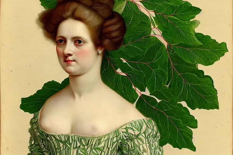 Image similar to franz szony style : a wonderful realistic closed portrait of woman with a majestic intricate and bizarre intertwined ramifications of leaves hairstyle and a semi transparent green cotton dress - h 7 6 8