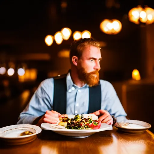 Prompt: a Sasquatch having dinner at a fancy restaurant, moody lighting, shot with sigma 80mm lens