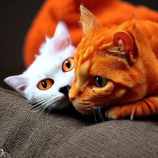 Prompt: tiny dragon snuggling orange tabby cat, orange tabby hugging tiny dragon