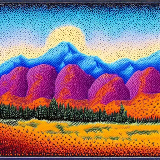 Image similar to A beautiful Mountain Range in the Style of Pointilism, masterpiece, oil painting scan 4k