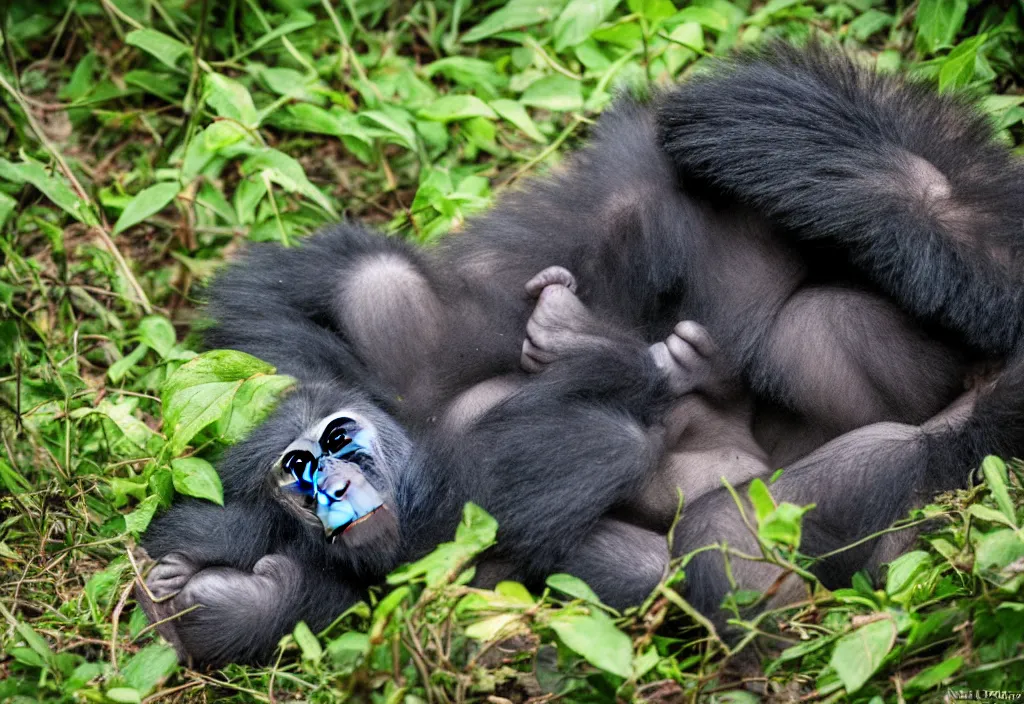 Prompt: “ a baby gorilla laying on the ground in the jungle by alex petruk ape, trending on flickr, primitivism, national geographic photo, uhd image, creative commons attribution ”