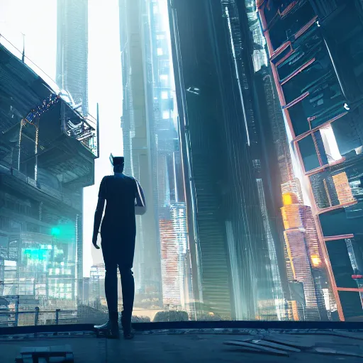 Image similar to cyberpunk architect constructing an adventure, 4 k, dramatic lighting