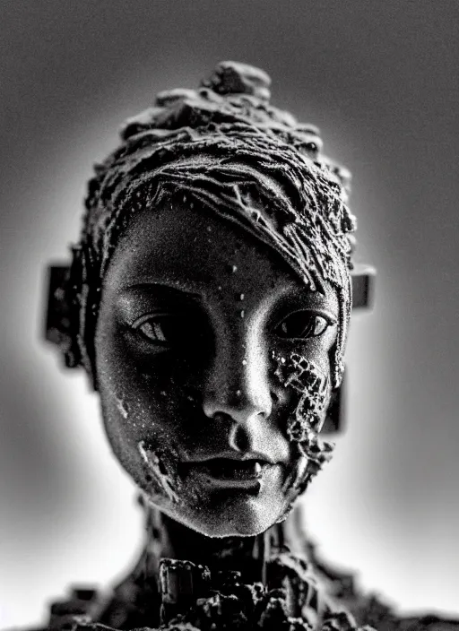 Image similar to a young female cyborg bust made of ice and smoke and wet mud, dramatic, ilford hp 5, closeup - view, f / 2. 8, high contrast, 1 6 k, fluorescent lamp, contre - jour, insanely detailed and intricate, hypermaximalist, elegant, ornate, hyper realistic, super detailed