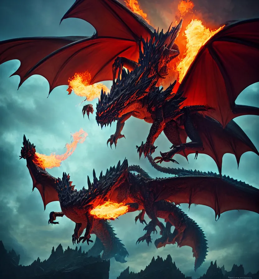 Prompt: fantasy creature setting, a flying dragon with huge wings, scales, smoke, fire by andreas rocha, peter mohrbacher, monster hunter rise 8 k 3 d photoreal rich detail photography