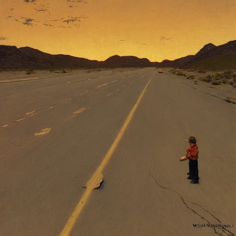 Image similar to a painting of the loneliest highway in nevada by norman rockwell, golden hour, detailed, art gallery quality