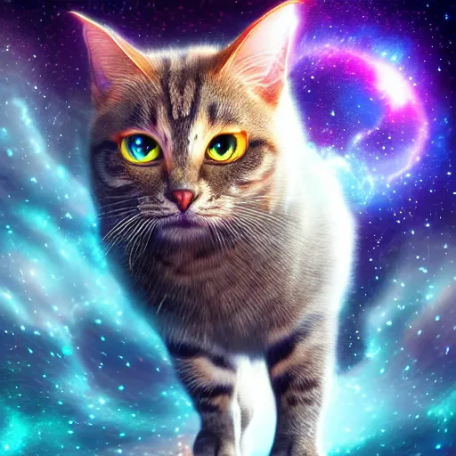 Prompt: Photorealistic magic cats in space. Hyperdetailed photorealism, 108 megapixels, amazing depth, glowing rich colors, powerful imagery, psychedelic Overtones, 3D finalrender, 3d shading, cinematic lighting, artstation concept art