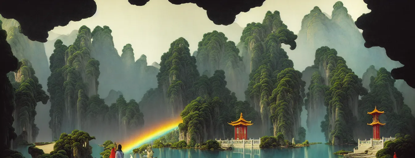 Image similar to a gorgeous landscape painting by barlowe wayne, maxfield parrish and marco mazzoni. chinese temple. rainbow, rainy mood!! sunny morning. a lonely chinese wuxia walks on the winding stone steps, stone gate to the dark cave, 3 d, octane render, turbulent lake, waterfall, fog, 8 k.