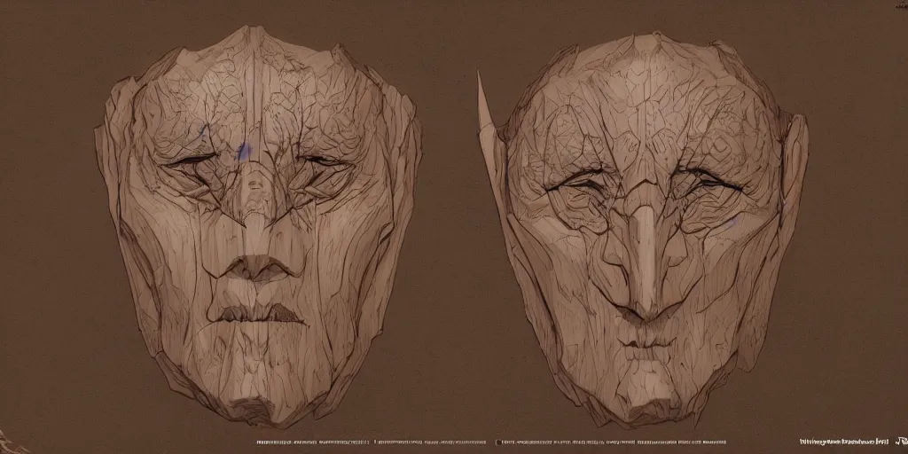 Image similar to wooden cursed mask design, character sheet, Moebius, Greg Rutkowski, Zabrocki, Karlkka, Jayison Devadas, Phuoc Quan, trending on Artstation, 8K, ultra wide angle, zenith view, pincushion lens effect