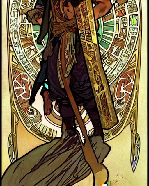 Image similar to fantasy concept art by alphonse mucha depicting colin farrell as an ancient egyptian rogue walking through a busy egyptian market