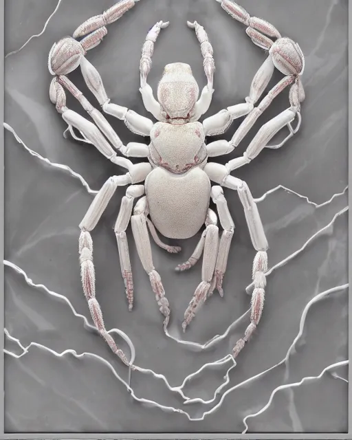 Image similar to symmetry, white marble bas relief sculpture of a white marble crab woman made of white marble crabs and spiders and scorpions, white marble with interacte gold wire inlay, art nuevo, octane, 8 k, hdr, art by hr geiger and ridley scott and alphonse mucha, trending on artstation