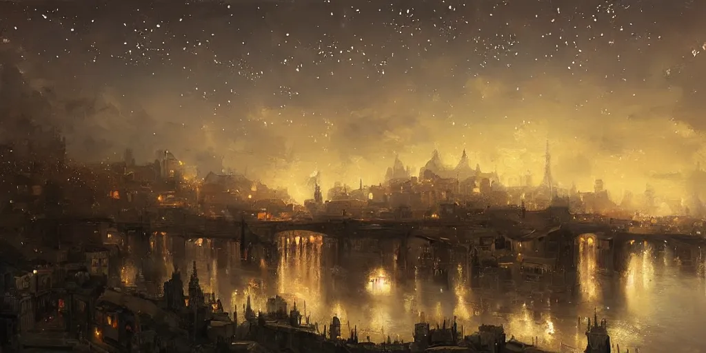 Image similar to stunning landscape painting of an city from 1 7 0 0 with stars in the sky by krenz cushart