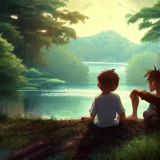 Image similar to a silver dragon and a boy sitting together next to a lake watching firefly at night in forest, concept art, dof, cryengine, digital art, detailed background, makoto shinkai