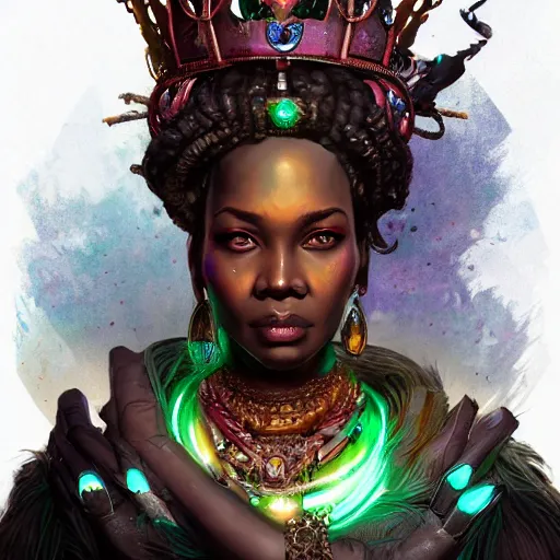 Image similar to a dark and ominous african queen with glowing eyes and a golden crown with a ruby and an emerald in her forehead, Apex Legends character digital illustration portrait design, by android jones and greg rutkowski in a cyberpunk voodoo style, detailed, cinematic lighting, wide angle action dynamic portrait