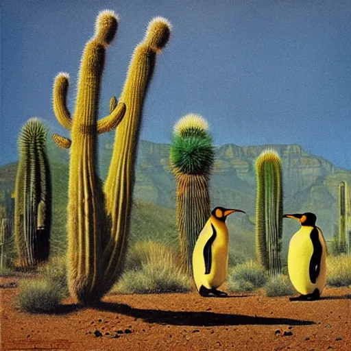 Prompt: “king penguins in the desert, Grand Canyon, New Mexico, saguaro cactuses, Norman Rockwell, mark maggiori, Salvador Dali”