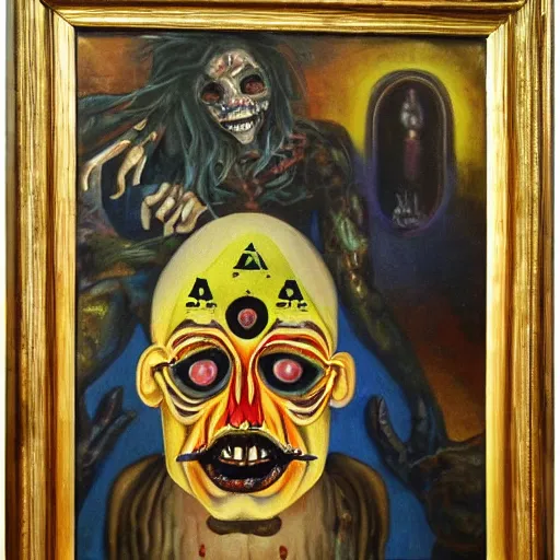 Image similar to portre of an autistic demon on acid, masonic and kabalistic symbols in background, oil painting