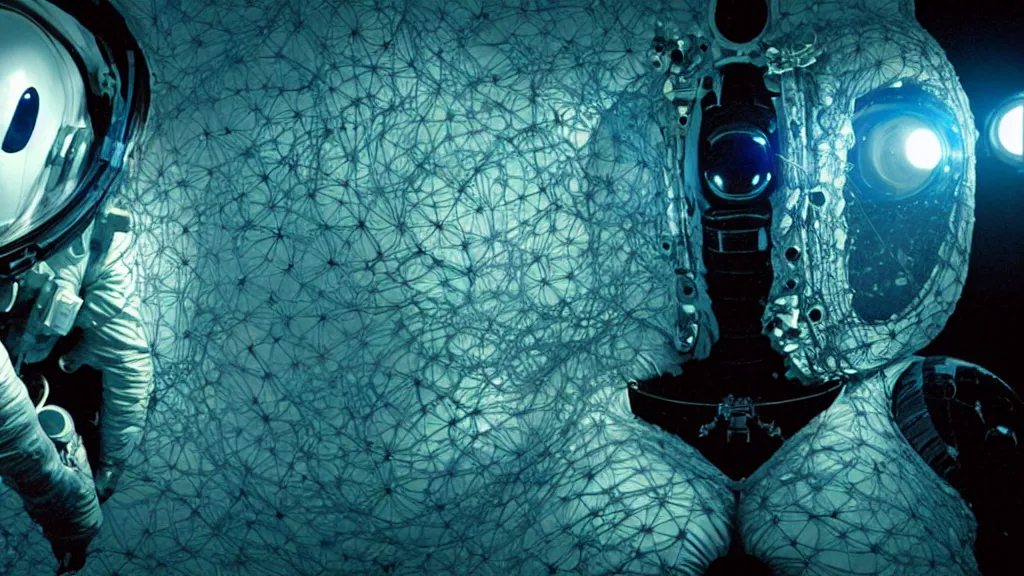 Image similar to a cybernetic symbiosis of a single astronaut eva suit swimming in infected with diamond 3d fractal lace iridescent bubble 3d skin covered with insectoid compound eye camera lenses floats through the living room, film still from the movie directed by Denis Villeneuve with art direction by Salvador Dalí, wide lens,