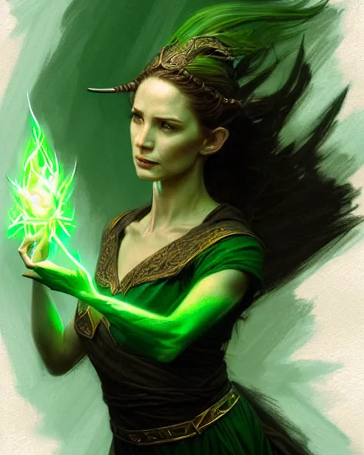 Prompt: a female elvish sorceress casting a green fireball | | pencil sketch, realistic shaded, fine details, realistic shaded lighting poster by greg rutkowski, magali villeneuve, artgerm, jeremy lipkin and michael garmash and rob rey