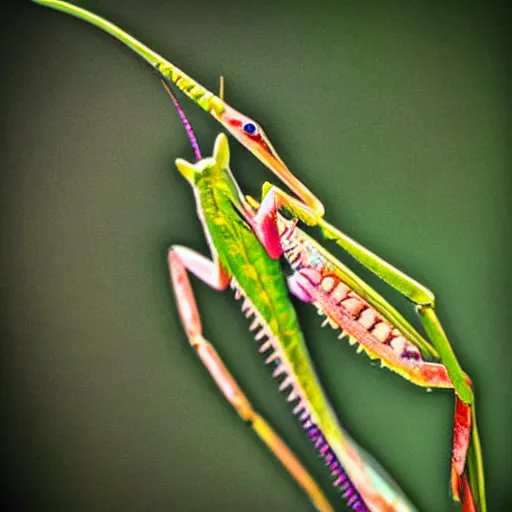 Image similar to macro praying mantis, detailed, floral, dreamy, colorful