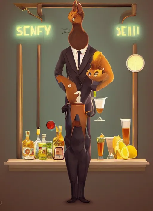 Prompt: squirrel anthro as a dapper bartender with a huge fluffy tail, retro futurism, art deco, detailed painterly digital art by WLOP and Cory Loftis, 🐿🍸🍋, furaffinity, trending on artstation