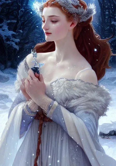 Prompt: snow ice queen frizen sansa, intricate, elegant, highly detailed, digital painting, artstation, concept art, smooth, sharp focus, illustration, art by artgerm and greg rutkowski and alphonse mucha and william - adolphe bouguereau