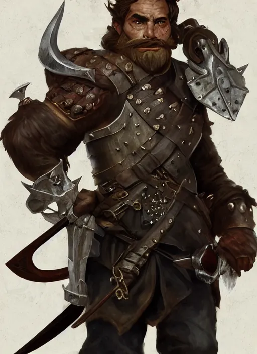 Image similar to strong young man, photorealistic bugbear ranger holding sword, fire magic, black beard, dungeons and dragons, pathfinder, roleplaying game art, hunters gear, jeweled ornate leather and steel armour, concept art, character design on white background, by sargent, norman rockwell, makoto shinkai, kim jung giu, artstation trending, poster art, colours red and green