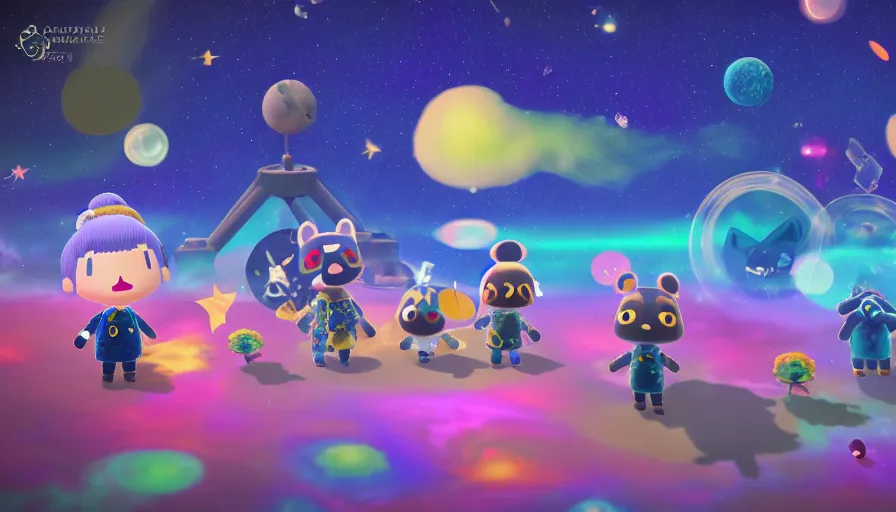 Image similar to a galactic Animal Crossing landscape, Animal Crossing characters, space colors, galaxies, stars, nebula, octane render, unreal engine, Animal Crossing New Horizon, 8k