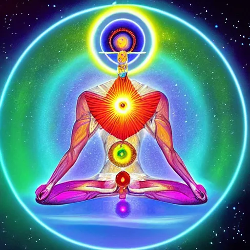 Image similar to all chakras align in the universal god form that floats suspended in time and space above the all knowing eye which controls the ebb and flow of tangible atomic illusion