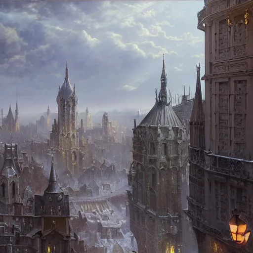 Prompt: an ultra detailed matte painting of the quaint capital city of galic, grid shaped city cobblestone streets, fantasy city, light snowfall, wind, inspiring gothic architecture, ultrawide lense, aerial photography, unreal engine, exquisite detail, 8 k, art by greg rutkowski and alphonse mucha