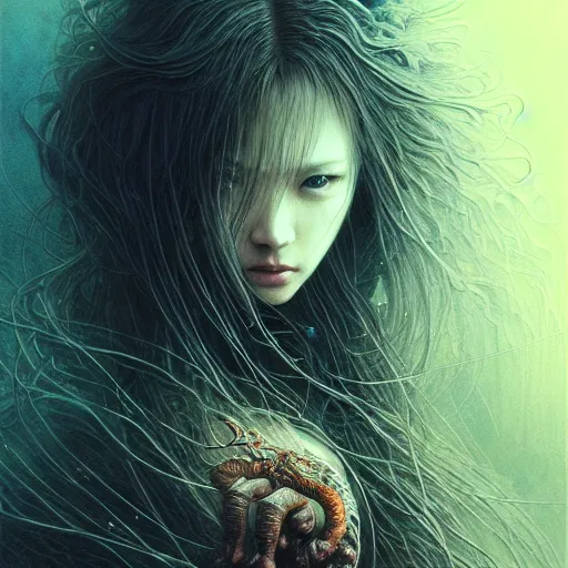 Image similar to full body portrait, a highly detailed long shot photo of chthonic female, witch, character by ayami kojima, beksinski, intricate, digital painting, artstation, intricate, concept art, smooth, sharp focus, illustration, perfect faces, fine details, unreal engine, by makoto sinkai